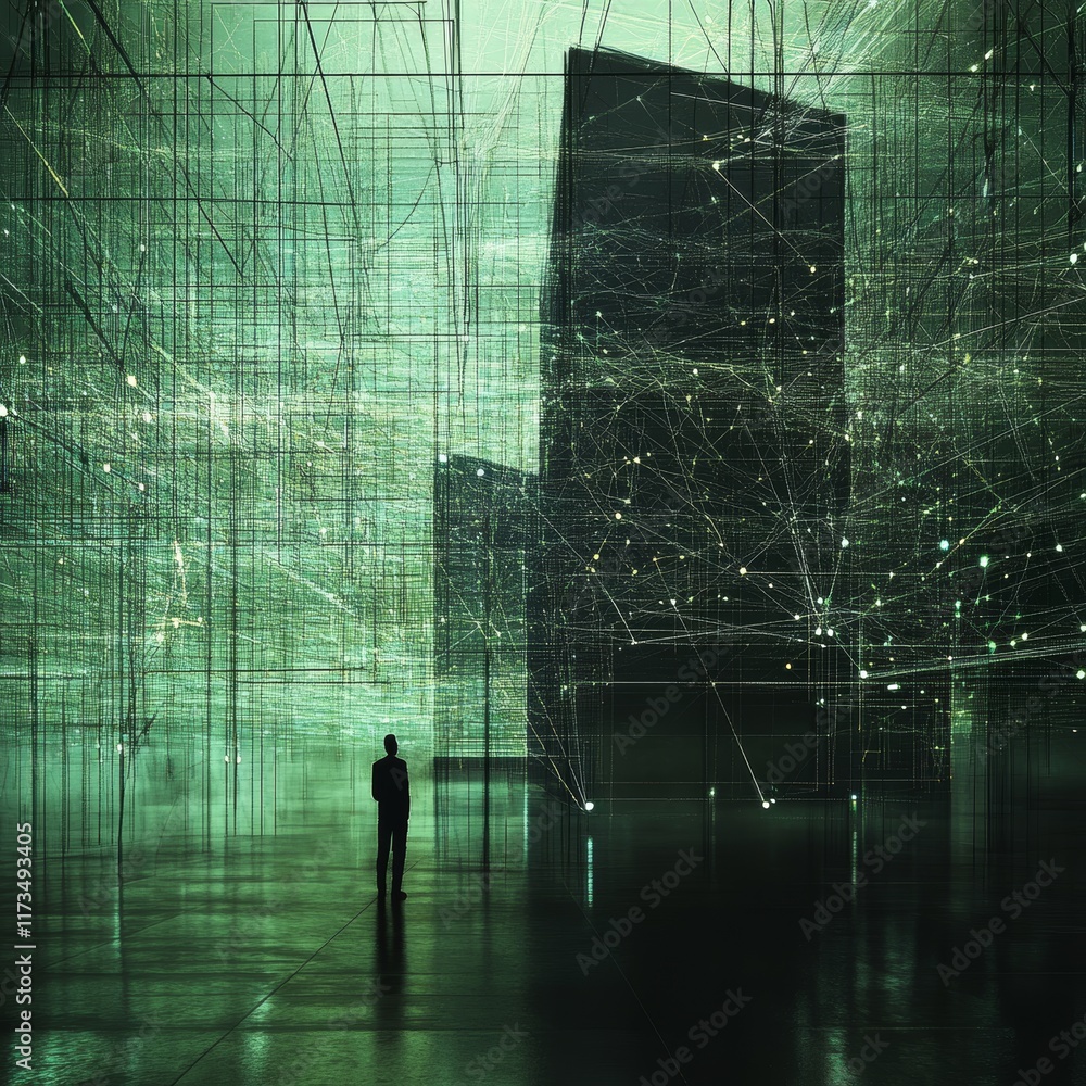 Poster explore a futuristic minimalist space filled with abstract lines and structures representing a compl