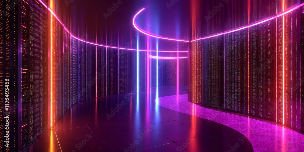 Poster Futuristic Data Network Visualization in a Neon-lit Digital Environment with Big Data Concepts