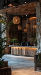 Cozy wooden reception area with warm lighting and lush greenery in a modern retreat
