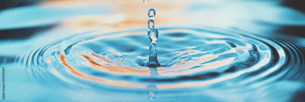 Poster Close up macro view of a water drop splashing into a pool of water, creating expanding concentric ripples and a small column of droplets rising from the impact point