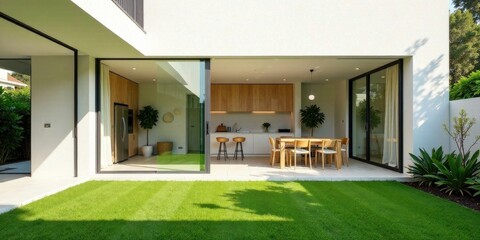 Modern minimalist home design with expansive glass doors opening to a lush green lawn