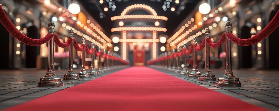A glamorous red carpet setting, flanked by elegant ropes and lights, leading towards a grand entrance, perfect for events and celebrations.