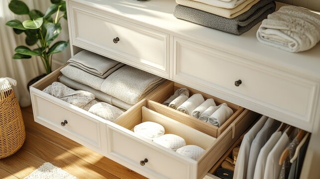 Organized dresser drawers with neatly folded clothes and towels.