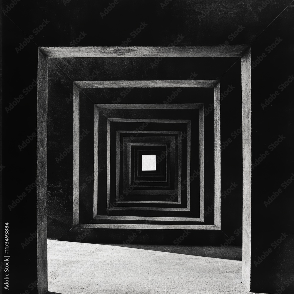 Poster black and white photo of a geometric tunnel with repeating square patterns, creating a sense of dept