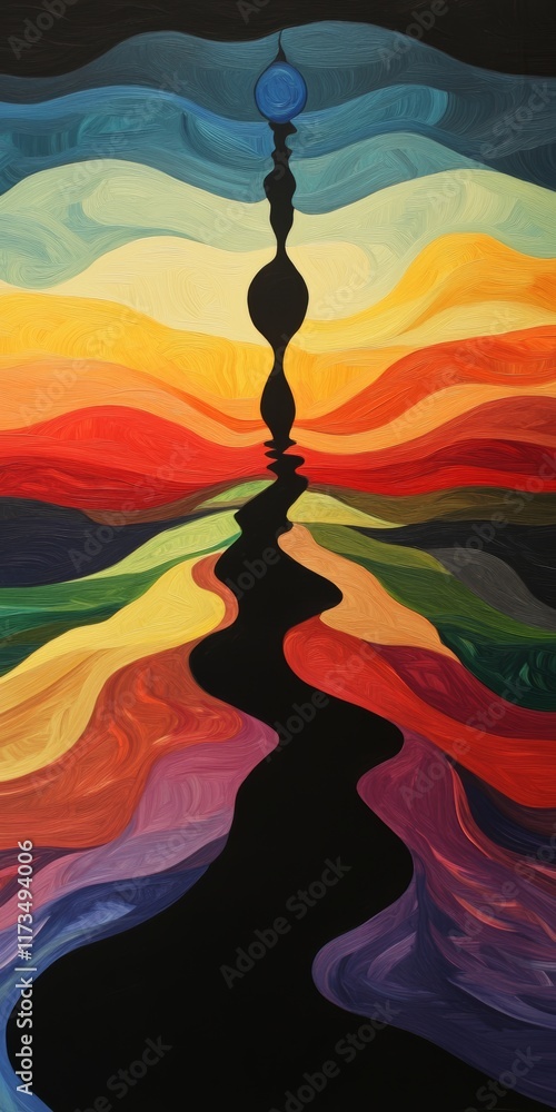 Poster a vibrant abstract painting featuring flowing shapes and a spectrum of colors creating a surreal and