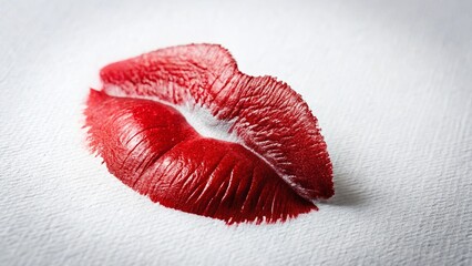 Fototapeta premium Red Lipstick Kiss Imprint on White Paper - Romantic Stock Photo