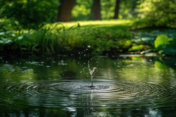 Water Droplet Impacting Calm Pond Surface Green Surroundings