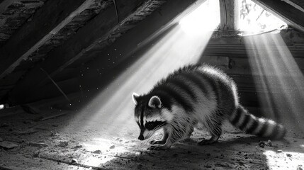 Raccoon attic sunbeam exploration, dusty space. Pest control.