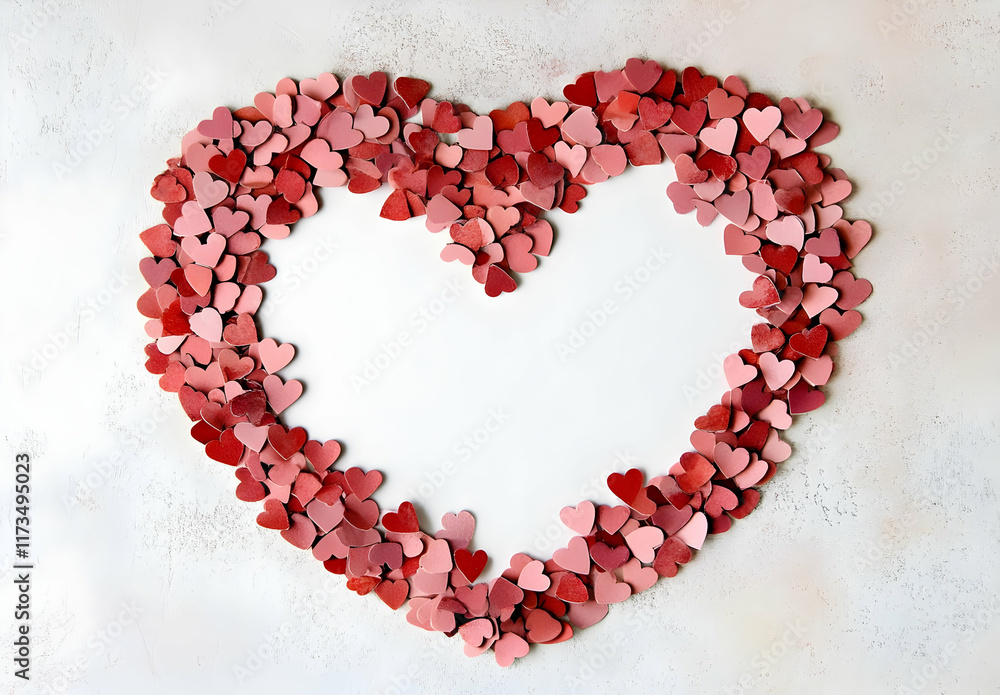 Poster a vector illustration of small pink and red confetti hearts arranged in the shape of an empty heart 