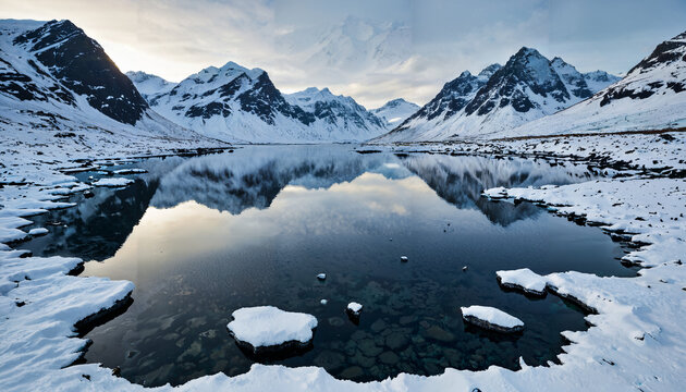 Reflets d'hiver dans un paysage de montagnes enneig&eacute;es