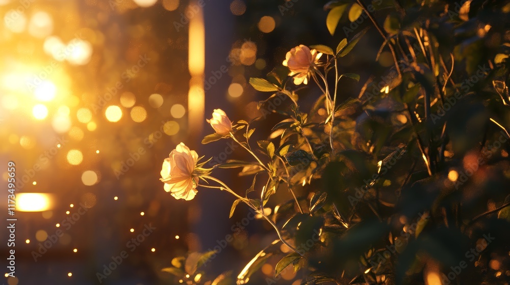 Poster experience the enchanting glow of flowers illuminated by soft sunlight, creating a serene atmosphere