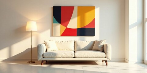 Modern living room interior design featuring a comfortable sofa and abstract artwork
