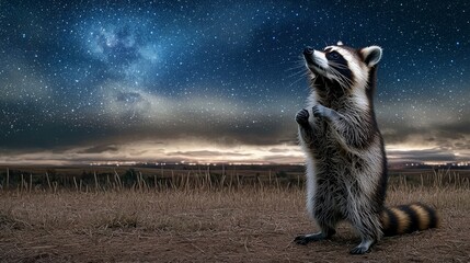 Obraz premium Raccoon gazing at night sky, prairie background, starry dreamscape.