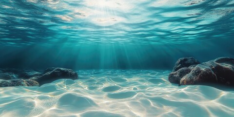 Fototapeta premium Underwater seascape, crystal clear turquoise water, sandy ocean floor, sunlight streaming through water surface, rocky formations, shallow tropical sea, serene underwater environment, high resolution,