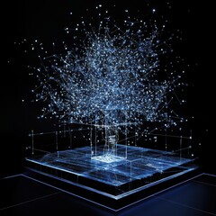The concept of stock analysis visualized as glowing interconnected nodes and graphs in a dark 3D space, Futuristic, Wireframe style, Blue hues.