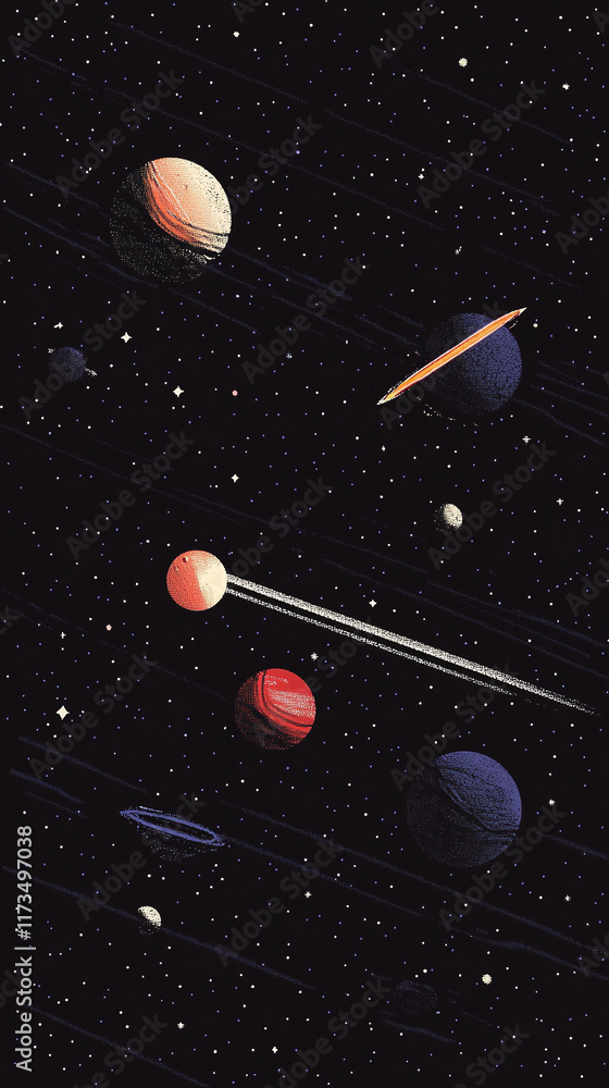 Poster pixel art celestial object set with moons shooting stars and asteroids.