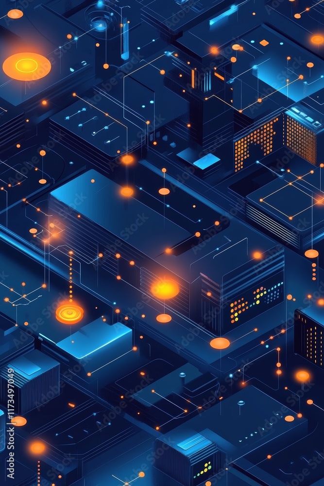 Aufkleber explore a vibrant isometric digital network design that represents big data in an abstract urban env