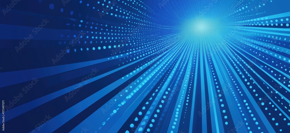 Poster dynamic blue light rays and dots creating a sense of depth and motion in a digital space, copy space