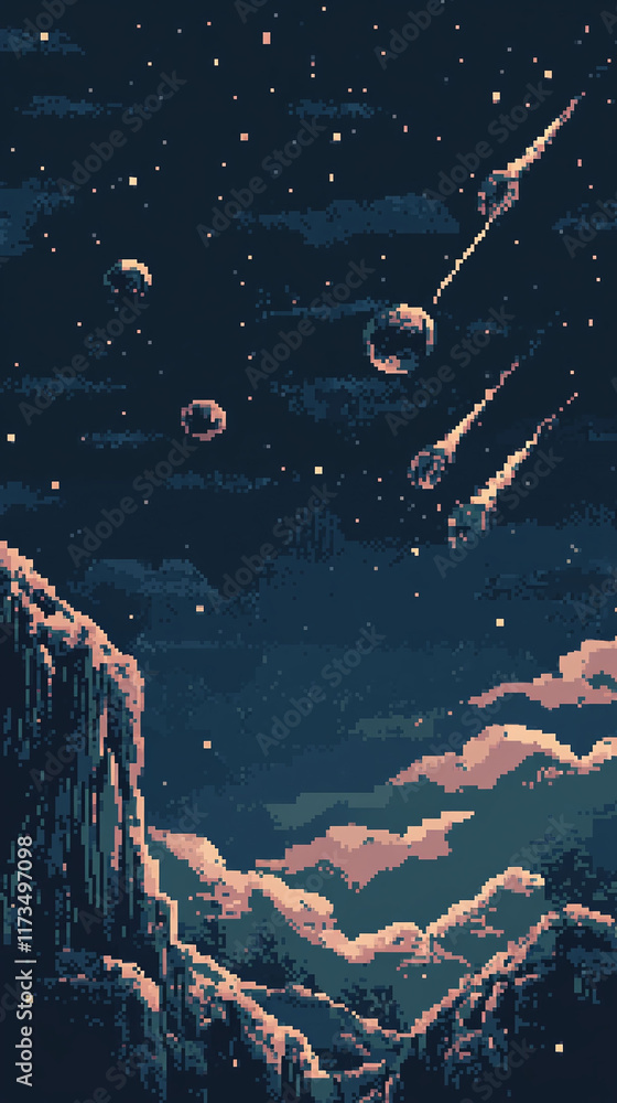 Poster pixel art celestial object set with moons shooting stars and asteroids.