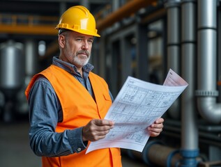 Construction manager studies blueprint in industrial plant during daytime