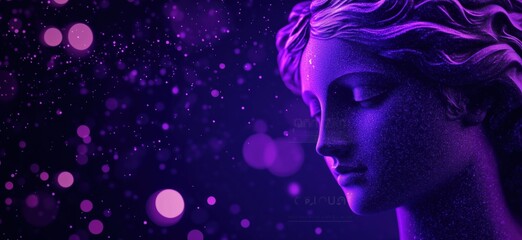 Purple-hued statue of a serene woman with flowing hair surrounded by ethereal bokeh lights, creating a mystical atmosphere, copy space for text