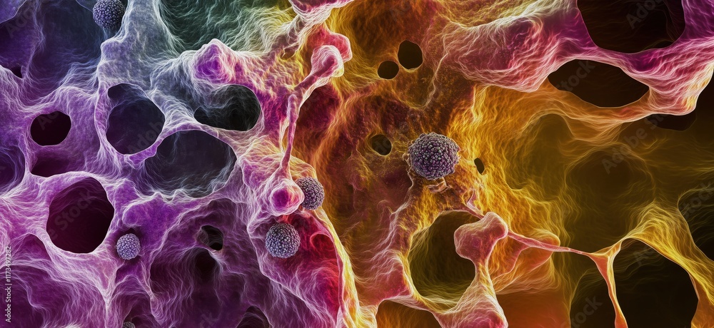 Poster colorful abstract representation of cellular structures and biological processes, showcasing intrica