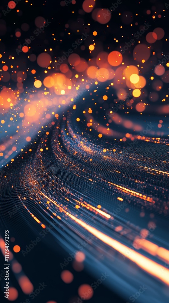 Poster a mesmerizing abstract image showcasing dynamic light trails with glowing particles. vibrant orange 