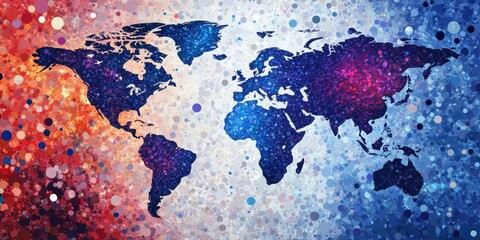 World map, colorful paint splatters, abstract art, vibrant watercolor, global continents, artistic cartography, splatter effect, blue and purple hues, dynamic composition, creative geography, fluid te