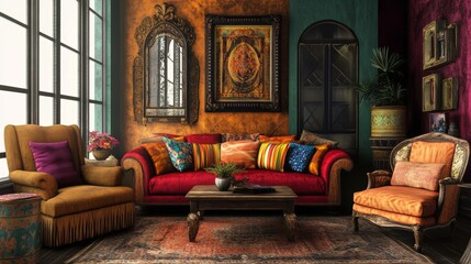 A living room with a red couch, a coffee table, and a chair. There are also two potted plants in the room