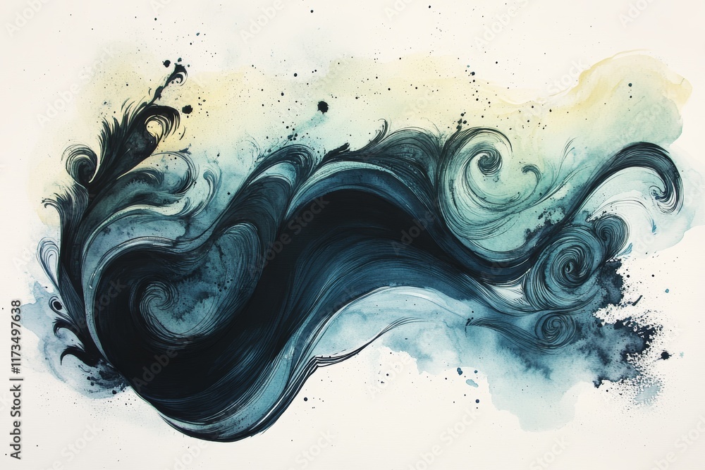 Poster captivating abstract fluid art featuring swirling blue and black ink on a light background, showcasi