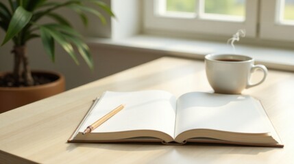 A peaceful morning workspace with an open notebook, pencil, and a warm beverage