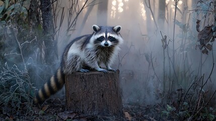Obraz premium Raccoon on stump, misty forest. Wildlife autumn nature scene.