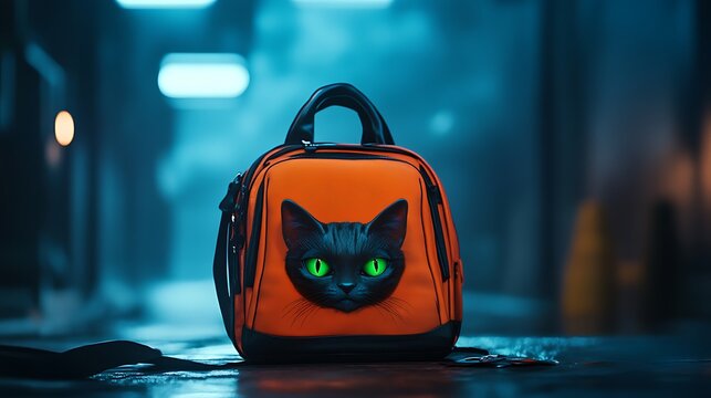 A school bag modeled after a stealthy orange cat with glowing green eyes