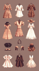 Pixel art fashion set featuring clothing like dresses hats and shoes.