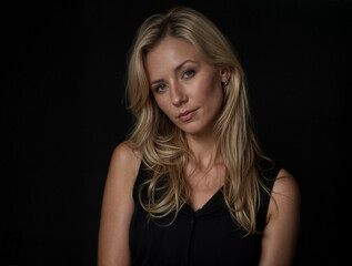 Naklejka premium Confident woman with flowing blonde hair poses against a dark background in a casual setting