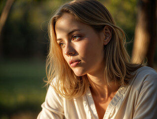 Fototapeta premium Woman with long hair gazing thoughtfully in a serene outdoor setting during golden hour