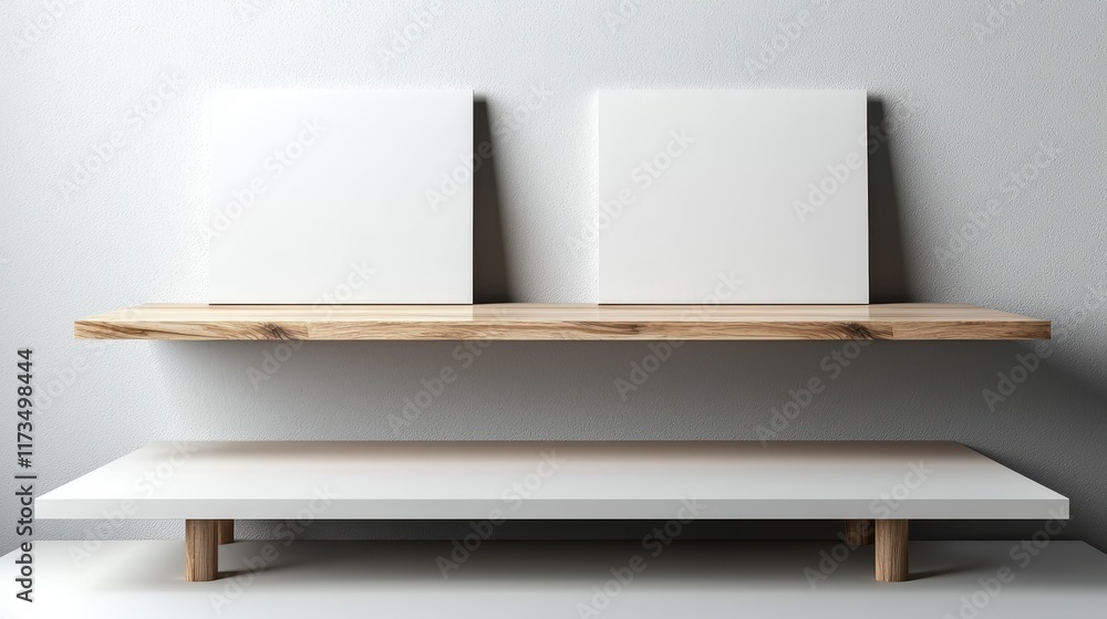 Poster a minimalist shelf displays two blank canvases, inviting creativity and artistic expression in a mod