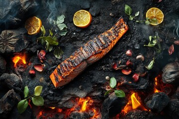 Grilled Salmon Fillet With Lemon And Herbs On Embers