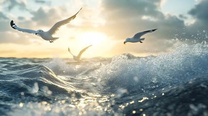 Naklejka premium Soaring Seagulls Over Vibrant Ocean Waves at Sunset