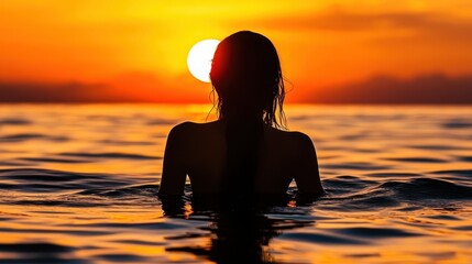 Fototapeta premium Silhouette of a person in water, golden sunset over ocean, warm orange sky, rippling water surface, backlit figure, serene atmosphere, tranquil seascape, dramatic lighting, summer evening, peaceful mo