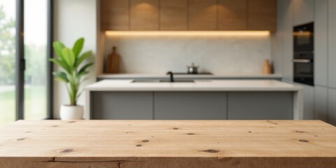 Empty Wooden Tabletop in Modern Kitchen with Blurred Background