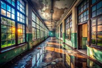 Fototapeta premium Reflective School Hallway with Large Windows - Urban Exploration Photography