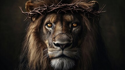 Naklejka premium Lion of Judah. A powerful image of a lion with a crown of thorns, evoking themes of faith and redemption.