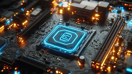 Fototapeta premium Glowing CPU on motherboard with circuits, data processing.