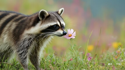 Raccoon smelling flower in meadow, nature background.