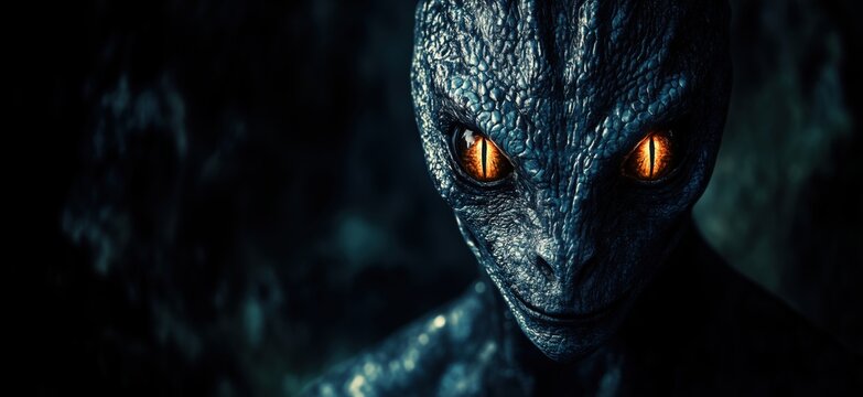 Alien creature with textured skin and glowing orange eyes, mysterious atmosphere, dark background, captivating gaze, science fiction theme, copy space for text