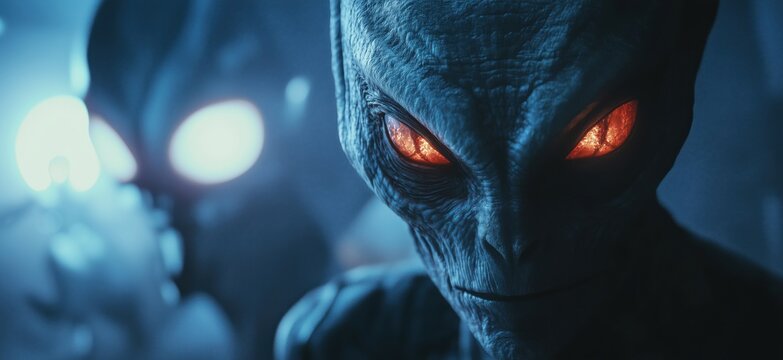 Alien beings with glowing orange eyes in a mysterious environment, showcasing intricate skin textures and an eerie atmosphere, copy space for text