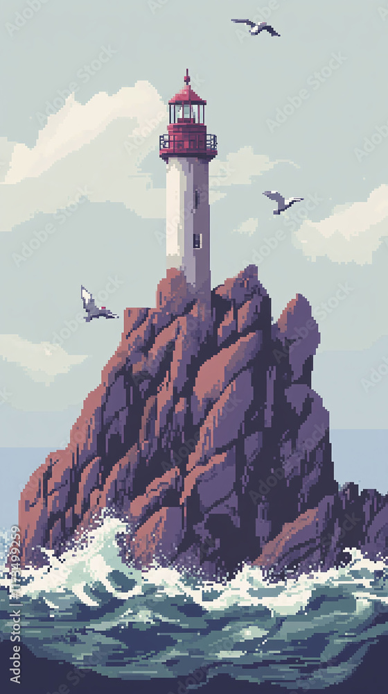 Poster pixel art lighthouse set with cliffs seagulls and waves.