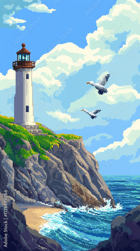 Poster pixel art lighthouse set with cliffs seagulls and waves.