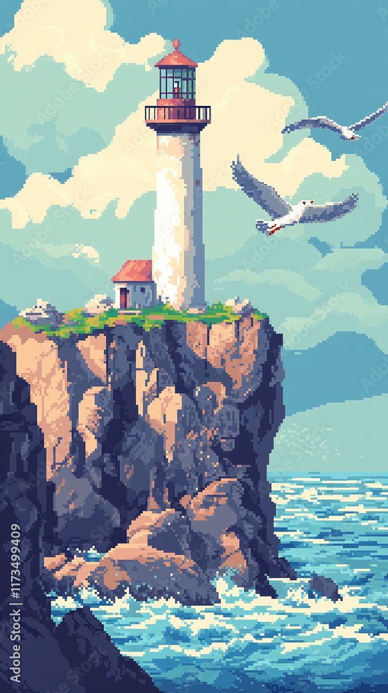 Poster pixel art lighthouse set with cliffs seagulls and waves.